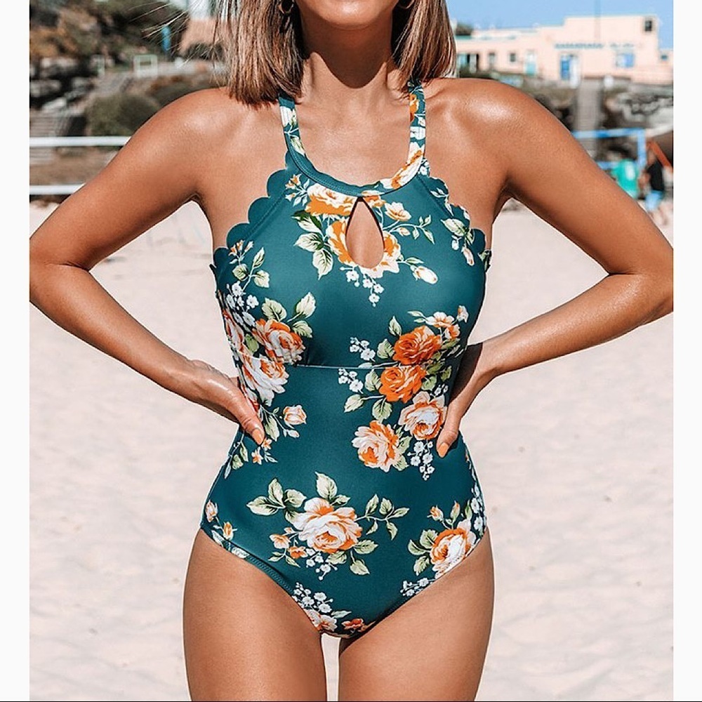 NEW Cupshe Teal Floral Scalloped One Piece Swimsuit Size XL - Picture 2 of 7